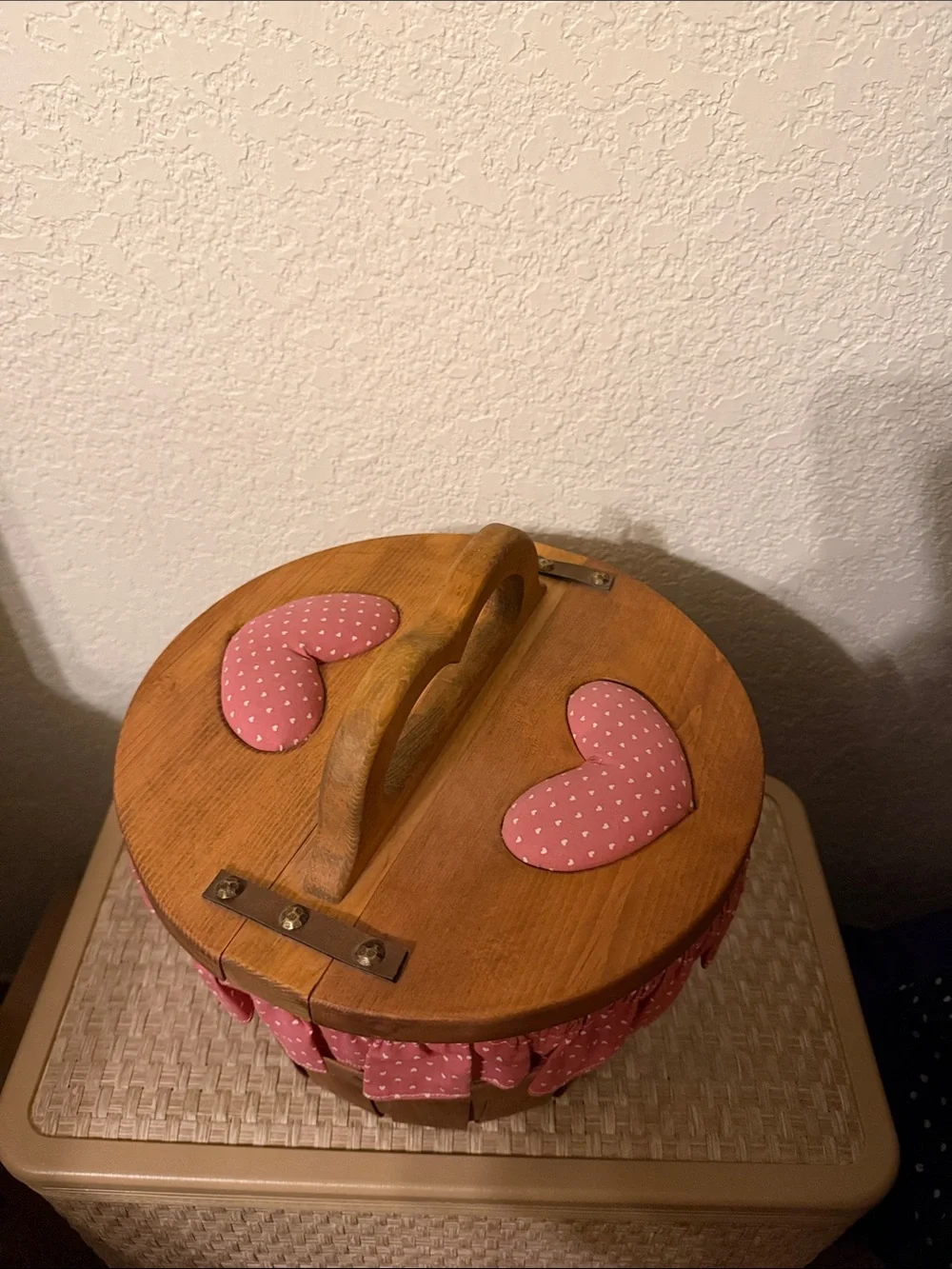 Wooden Sewing Basket with Pink Heart Accents